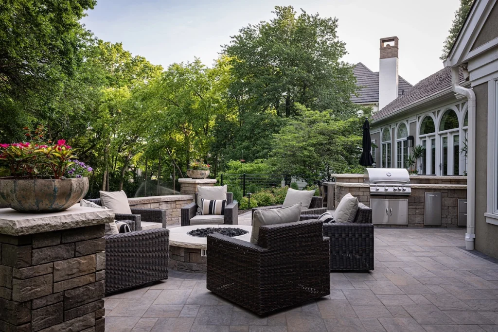 Comfy seating around a fire pit.