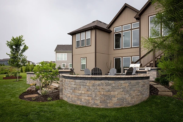 Long view of a backyard landscaping feature.