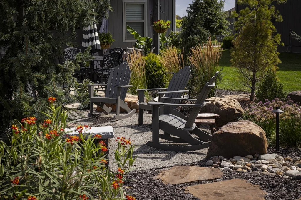 Seating features in a garden.