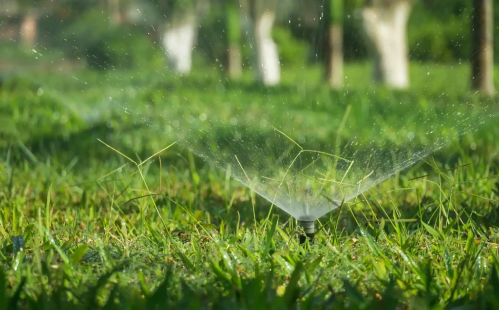 A lawn being watered.