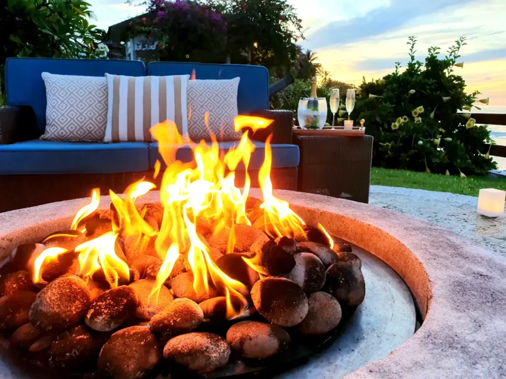 A firepit in a backyard.