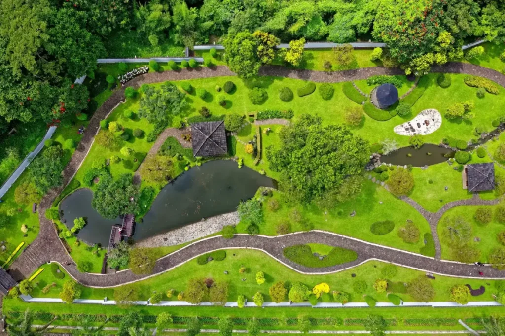An aerial view of landscape design at a home.