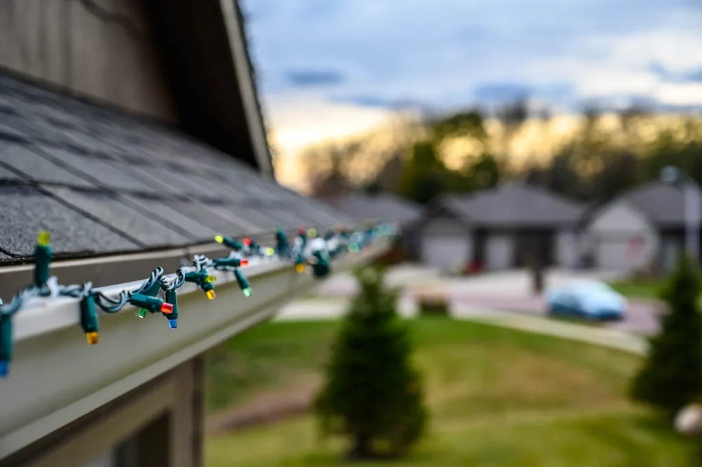 Christmas lights hanging on the house.