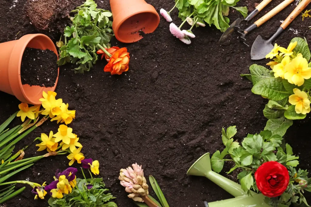 Garden with flowers, pots and tools in a circle.