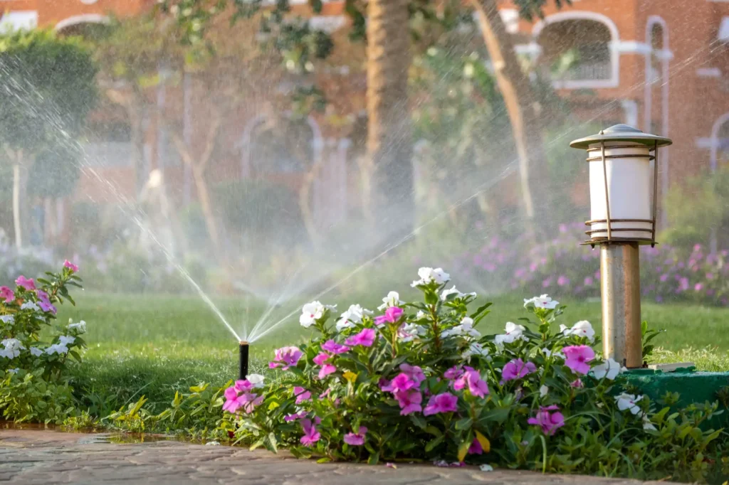 A sprinkler system turned on and watering the plants.