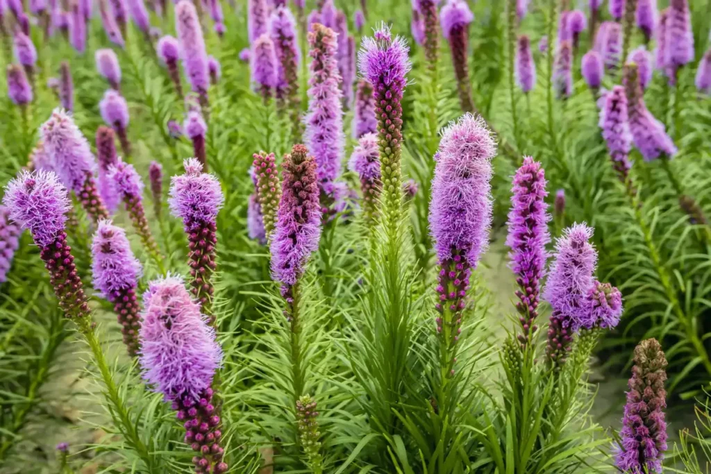 A group of purple blazing stars growing in a field.